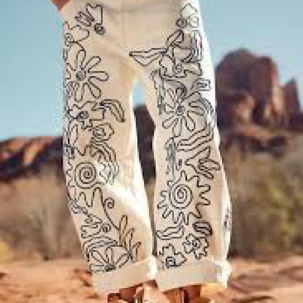 Free People White Wide Leg Jeans with Black Floral Doodle Print - Picture 8 of 9